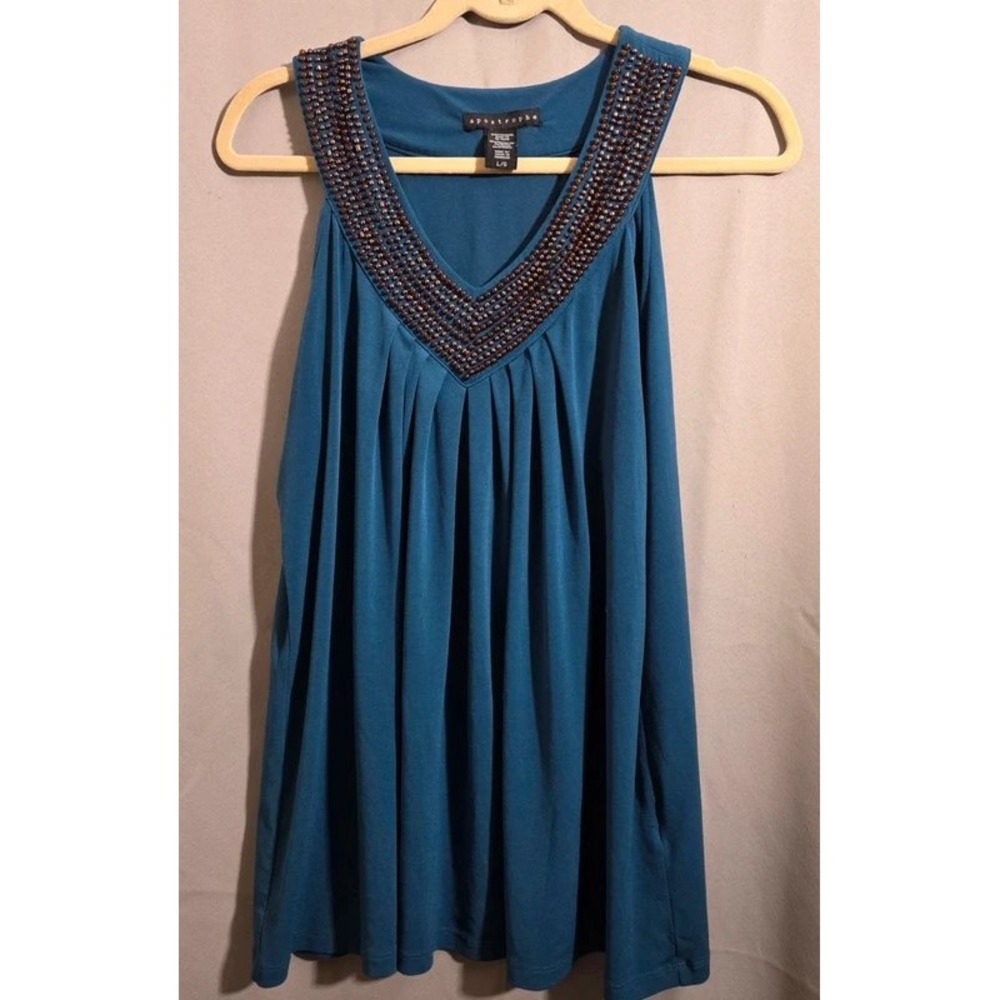 Apostrophe Teal Blue Beaded V-Neck Pleated Sleeveless Top Large